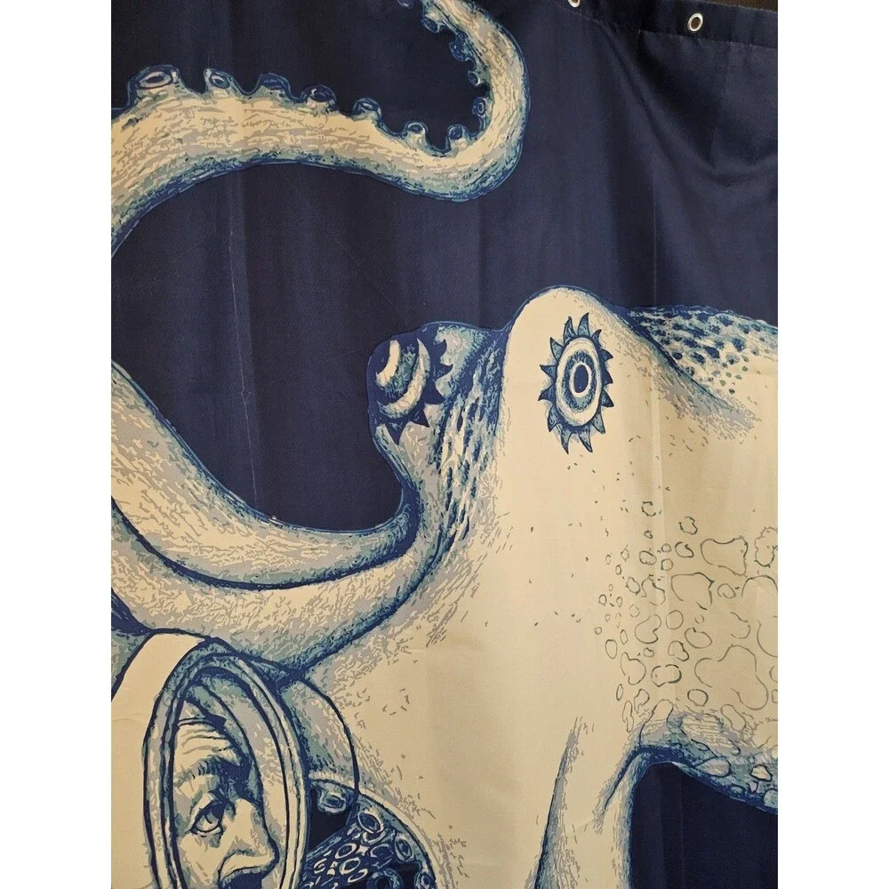 Octopus & Deep Sea Diver Nautical Shower Curtain Navy Ocean Animal Adventure